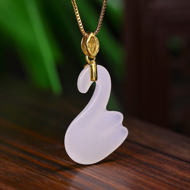 Hehe Jade Hetian Jade 18k gold mutton fat white jade gold inlaid jade swan pendant pendant jade inlaid diamond necklace for women