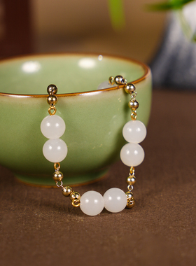 和合玉器和田玉羊脂白玉18K金金镶玉手链圆珠手链玉珠手链女士