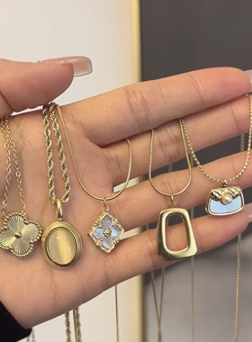 法式复古几何钛钢项链 叠戴高级感冷淡风贝壳猫眼多元素毛衣链