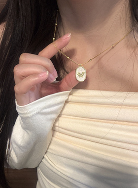 天然石白贝母蝴蝶项链女配饰夏法式复古新中式新款锁骨链双层颈链