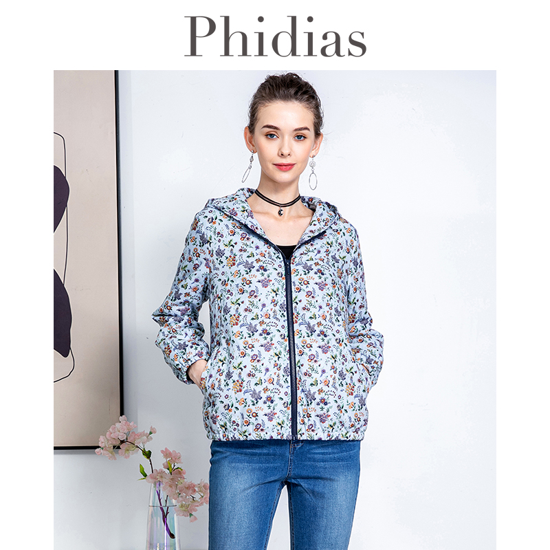 Phidias棉衣冬季外套女2023年新款商场同款连帽印花显瘦棉袄棉服