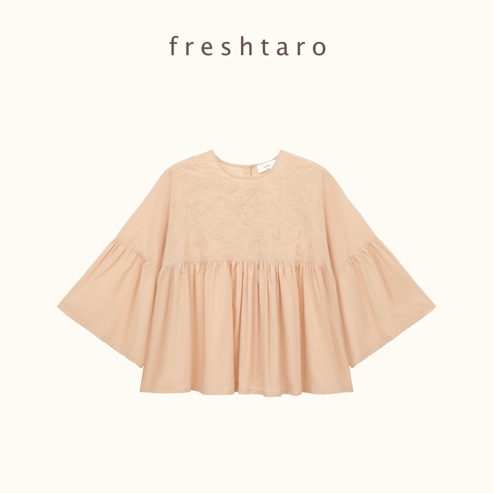 freshtaro 裸橘/米白 飘逸微透邻家乖巧感刺绣喇叭袖上衣女夏衬衫