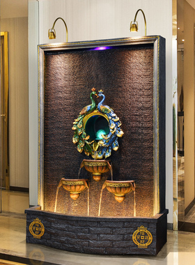 欧式风会所餐厅鱼池孔雀水幕墙