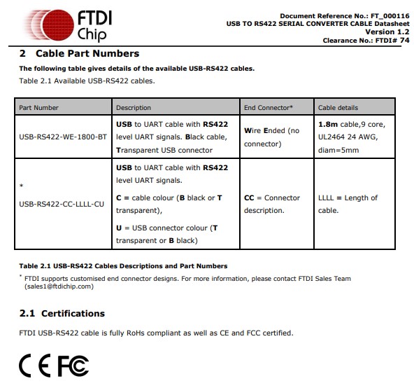 FTDI官方正品 USB-RS422-WE-1800-BT 电平串行UART转换器线 1.8米 - 图2