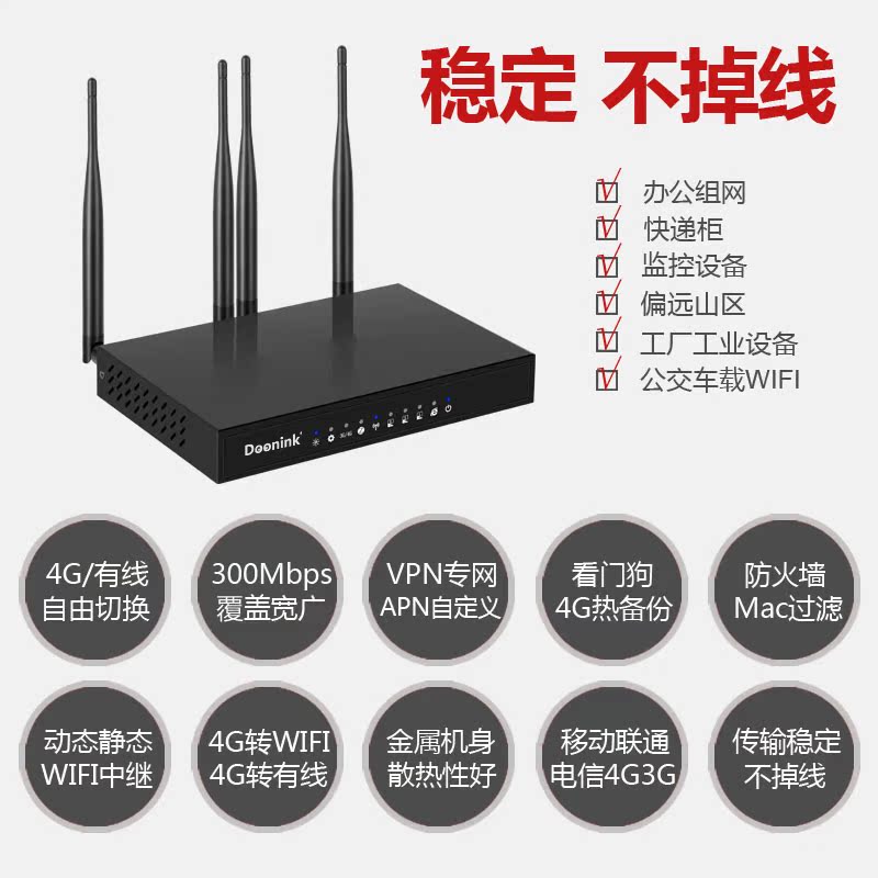 Doonink品牌4g无线路由器工业级300m插卡移动联通电信三网通转有线转wifi自动检测有线4g 易优淘