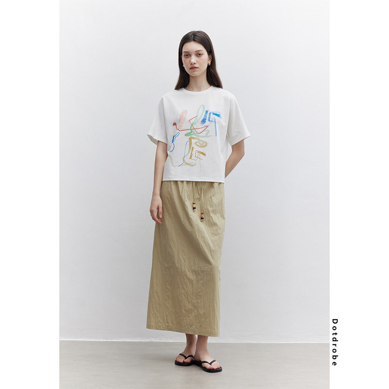 Dotdrobe多着 砂洗微皱面料 松紧腰抽绳工装感直筒半身裙夏两色入,淘宝优惠券,粉丝福利购,淘宝优惠卷