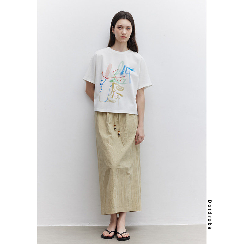 Dotdrobe多着 砂洗微皱面料 松紧腰抽绳工装感直筒半身裙夏两色入,淘宝优惠券,粉丝福利购,淘宝优惠卷