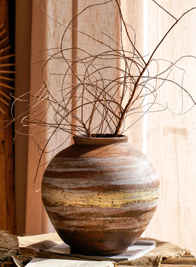 中式复古手工粗陶罐花瓶插花器酒店民宿客厅装饰品摆件仿古土陶