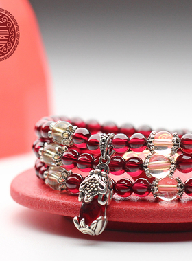 天然酒红石榴石手链手串多圈水晶