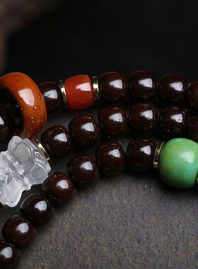 天然椰蒂桶珠108颗佛珠念珠多圈手串白水晶莲花红玛瑙紫金碗配饰