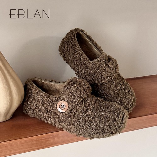 EBLAN/伊伴豹纹包跟勃肯鞋女2025秋冬新款羊羔毛毛鞋加绒保暖棉鞋 - 图0