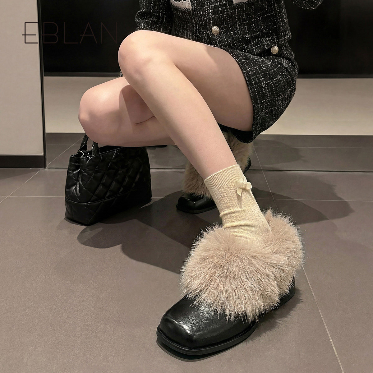 EBLAN/伊伴复古高跟毛毛鞋女2025冬季新款加绒保暖方头玛丽珍单鞋,淘宝优惠券,粉丝福利购,淘宝优惠卷