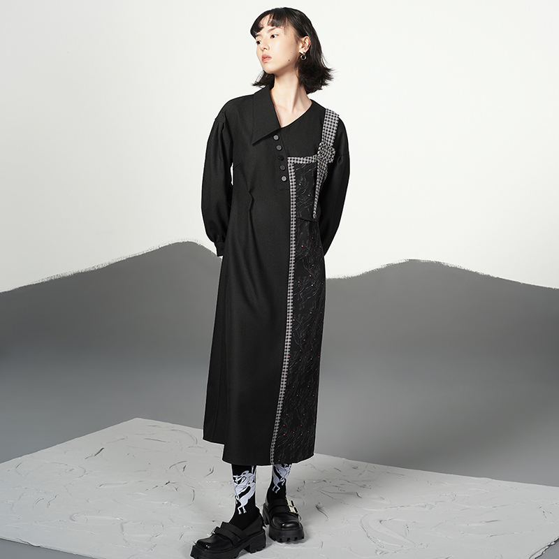 JfYanYan设计师款女装拼接假两件黑色印花连衣裙秋冬不规则背带裙