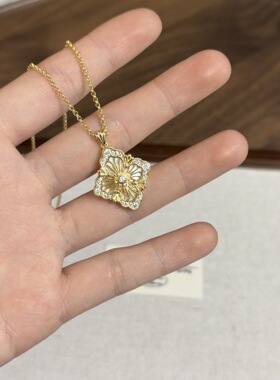 轻奢拉丝布布四叶花大号项链女复古雕花菱形锁骨链高级感镶钻颈链