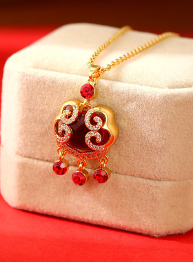 新中式国风红色长命锁平安如意中式项链耳环新年优雅毛衣链耳钩潮