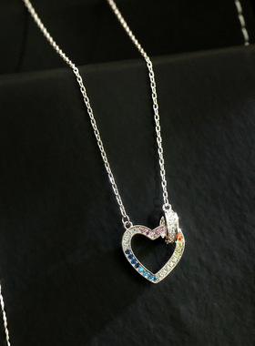 银色彩虹锆石爱心项链满钻彩宝环环相扣锁骨链时尚百搭气质通勤潮