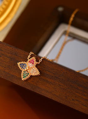 轻奢彩色锆石四叶草吊坠项链时尚气质复古高级感锁骨链女简约小众