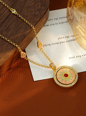 新中式轻奢精致可旋转八宝罗盘项链古法彩色沙金吊坠项链毛衣链潮