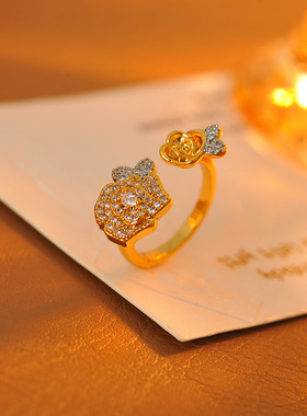 法式轻奢双生玫瑰花项链开口戒指山茶花精致复古手链气质锁骨链潮