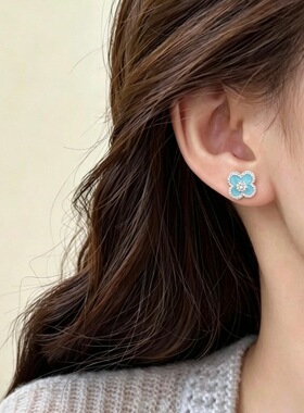 天蓝色四叶花项链手链耳环开口戒指小众设计感时尚气质锁骨链耳钉