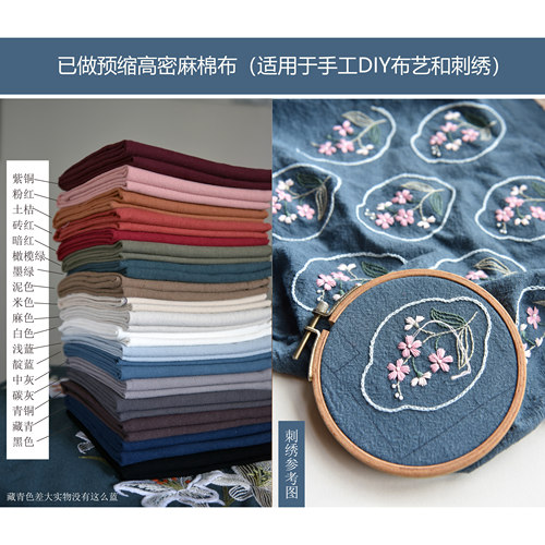 松果果纯色砂水洗亚麻棉刺绣花布料 手工DIY印染复古家居布艺面料 - 图0