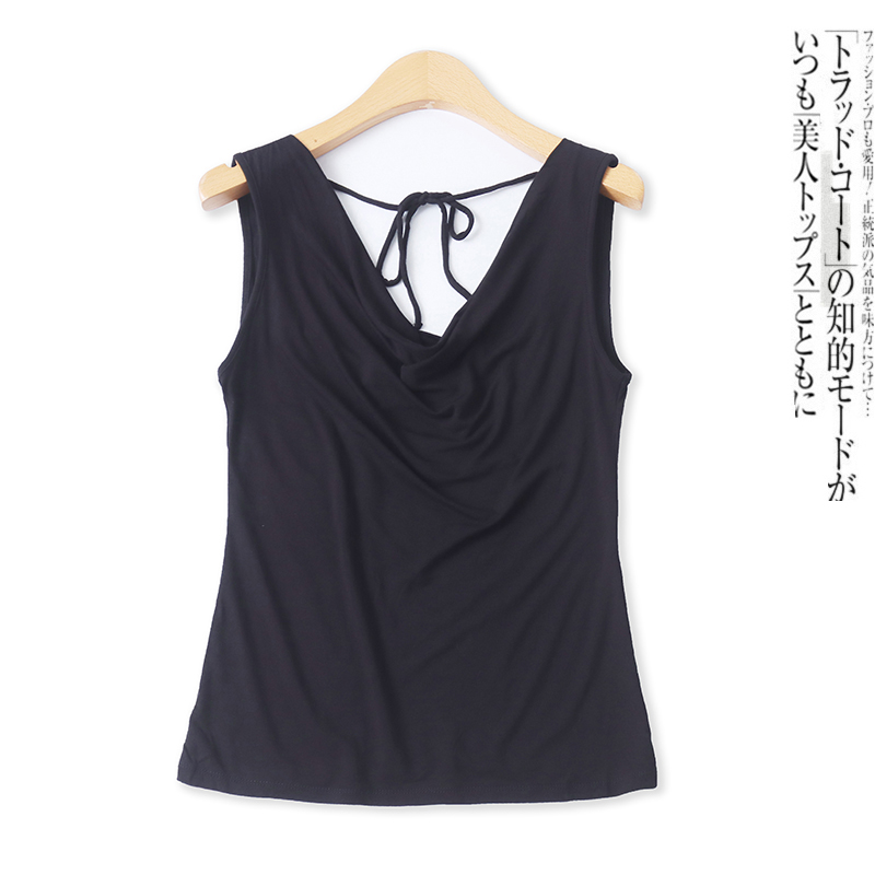 露背无袖上衣春夏新款外贸女装百搭时尚堆堆领修身后绑带T恤17525