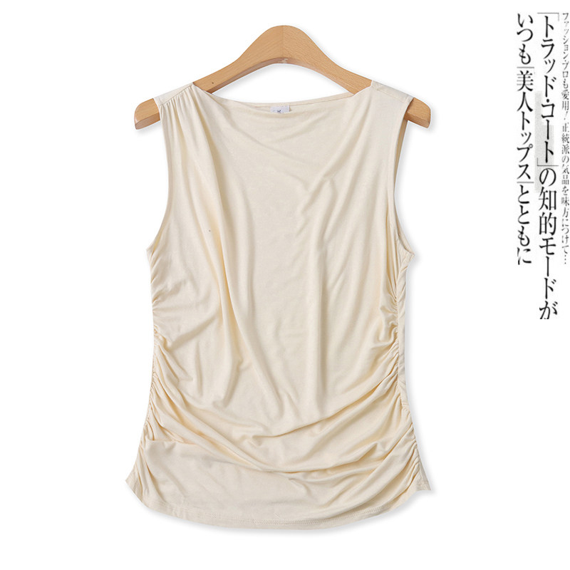 褶皱无袖T恤春夏季新款外贸女装百搭修身弹力莫代尔套头上衣17501