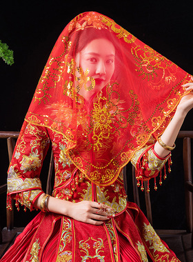 DUOBAOJ新娘出嫁红盖头秀禾服喜帕出门中式婚礼红色新娘软头纱