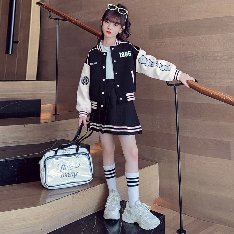 女童学院风套装裙子春秋新款大童洋气亲子装外套女孩棒球服 - 图2