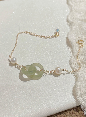 塑料针环环相扣平安扣手链女仿和田玉珍珠精致轻奢ins小众设计