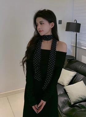 黑色波点丝巾系脖高级感丝带脖饰飘带领巾搭配韩系长条女2026新款