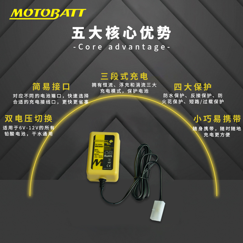 MOTOBATT通用型6V/12V摩托车铅酸电瓶充电器踏板车电池智能修复机