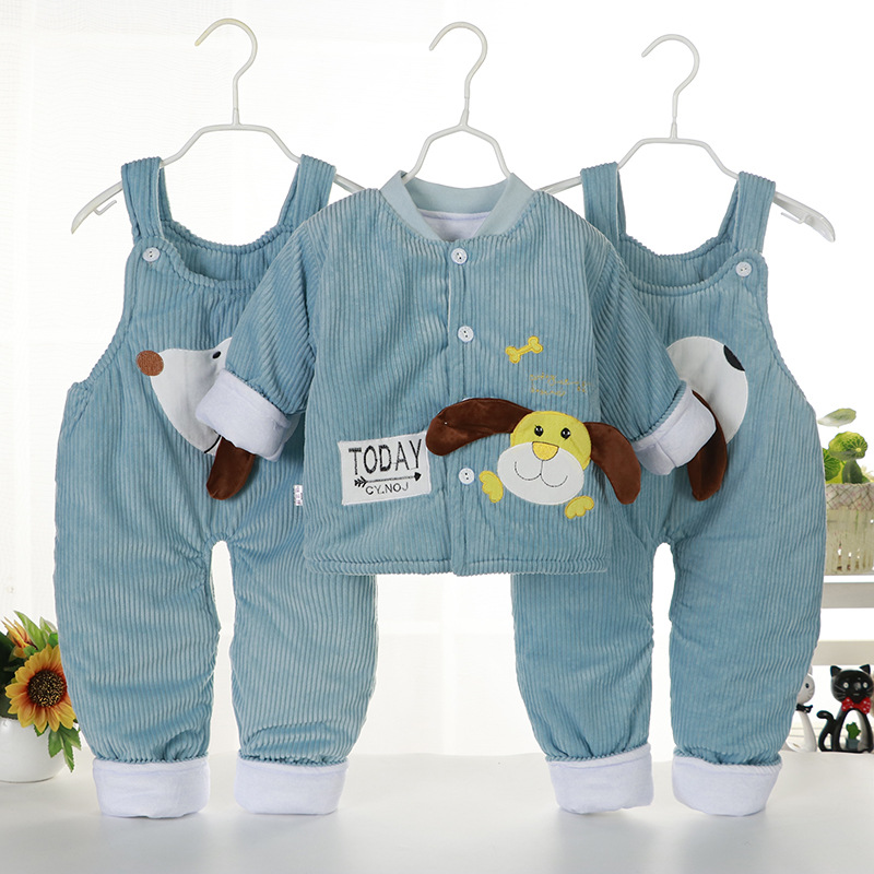 婴幼儿冬季加厚1保暖棉服0-2岁宝宝衣服棉袄背带裤儿童棉衣三件套
