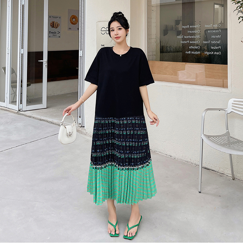 夏季新款大码女装200斤胖妹妹宽松显瘦拼接裙摆假两件短袖连衣裙 - 图3