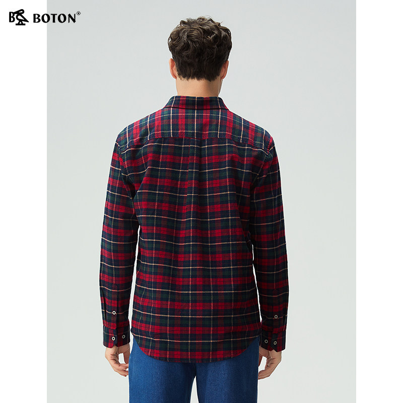 波顿2025秋季新款男士翻领修身长袖衬衫中厚磨毛格子衬衣男款长袖,淘宝优惠券,粉丝福利购,淘宝优惠卷