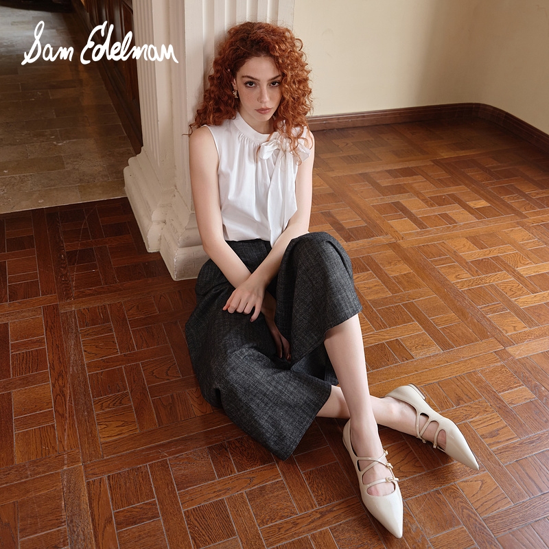 SAM EDELMAN2024秋季新款法式尖头交叉扣带银色玛丽珍鞋女CASS