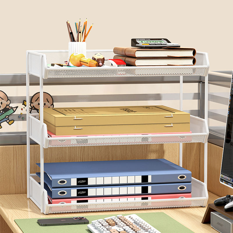 桌面多层文件架办公桌书立收纳框金属文件柜办公室资料分层架桌上置物架办公用品收纳盒文件筐文件夹收纳架子 - 图0
