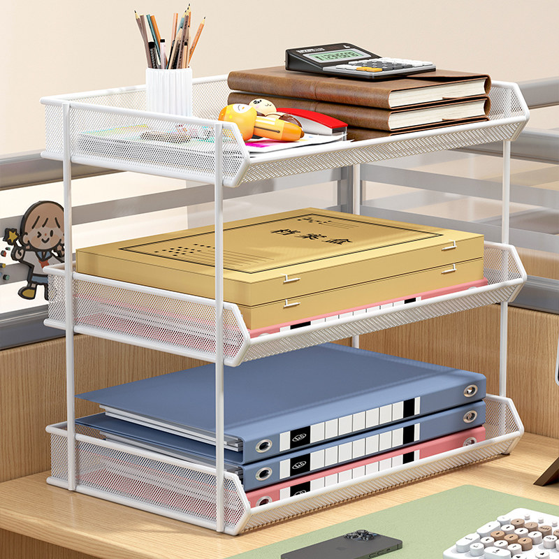 桌面多层文件架办公桌书立收纳框金属文件柜办公室资料分层架桌上置物架办公用品收纳盒文件筐文件夹收纳架子 - 图1