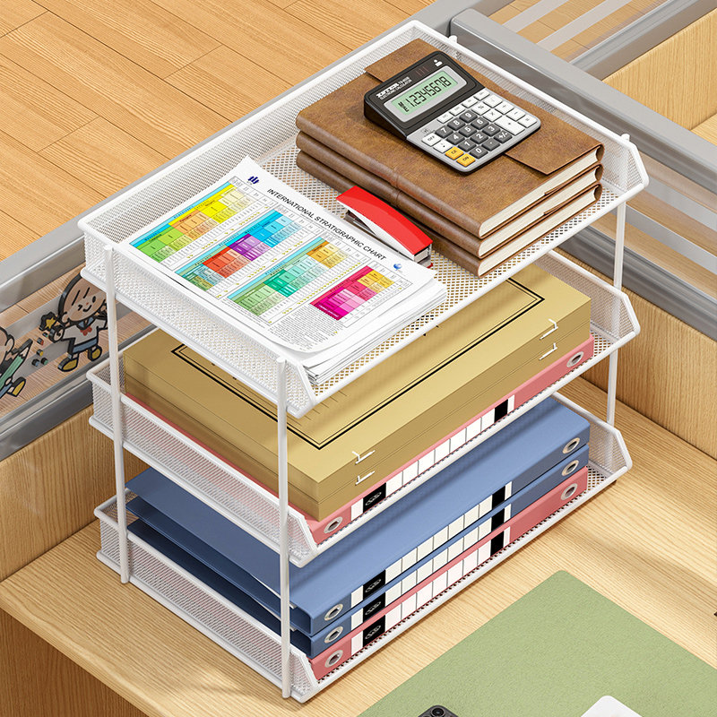 桌面多层文件架办公桌书立收纳框金属文件柜办公室资料分层架桌上置物架办公用品收纳盒文件筐文件夹收纳架子 - 图2