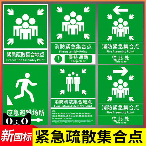 紧急疏散集合点标识应急避难场所间指示牌避险安全逃生标志提示墙贴纸消防标示标牌警急撤离警告标贴线路告示 - 图0