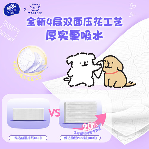 【U先派样】维达线条小狗悬挂式抽纸棉韧M码4层家用大包餐巾纸巾 - 图3