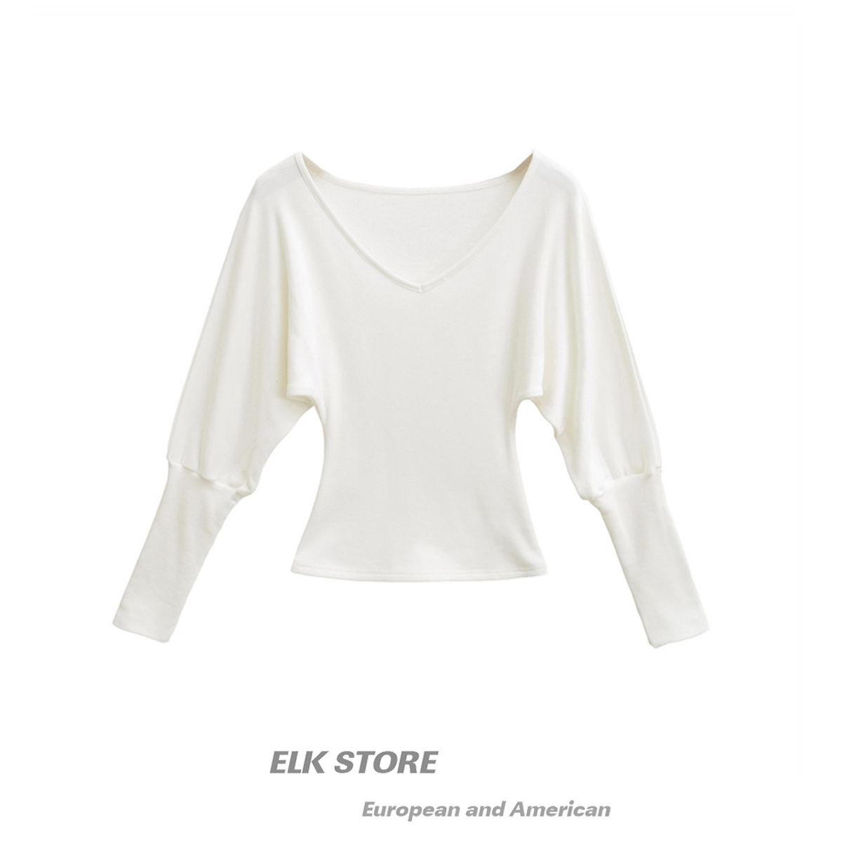 白色蝙蝠袖v领针织衫女秋冬加绒性感收腰内搭打底衫气质修身上衣 - 图0