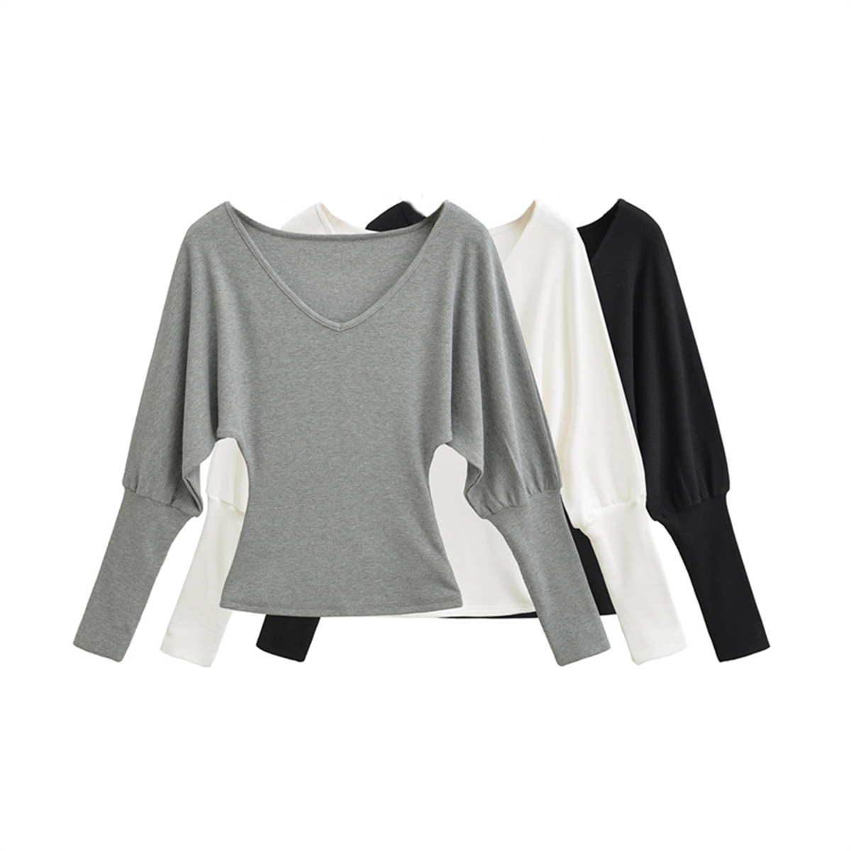 白色蝙蝠袖v领针织衫女秋冬加绒性感收腰内搭打底衫气质修身上衣 - 图2