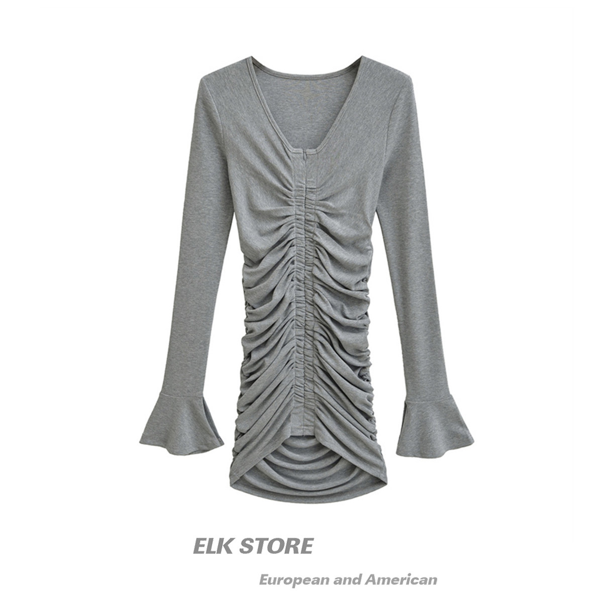 纯欲v领性感两面穿修身抽褶遮肉连衣裙女喇叭袖弹力包臀裙子短裙,淘宝优惠券,粉丝福利购,淘宝优惠卷