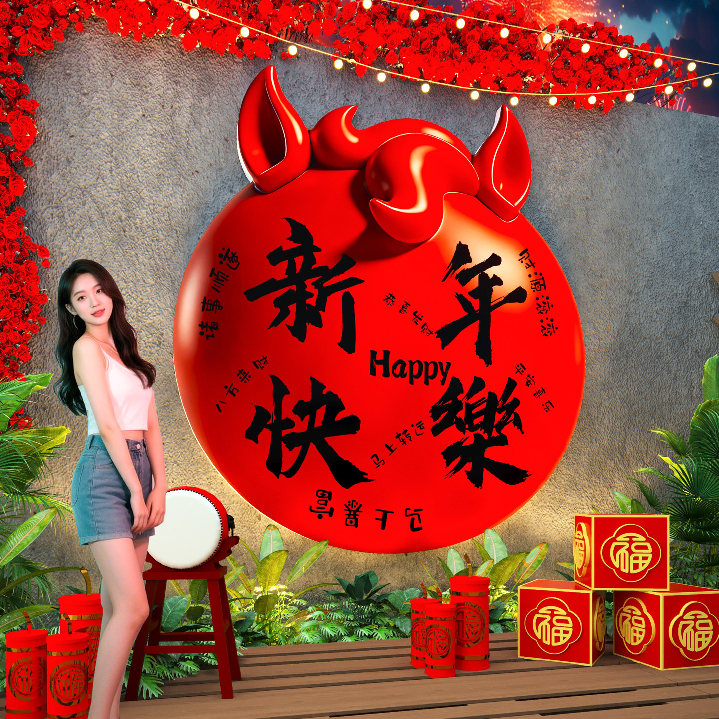 你好2026网红打卡墙新年氛围装饰拍照区背景布置店铺形象互动墙贴,淘宝优惠券,粉丝福利购,淘宝优惠卷