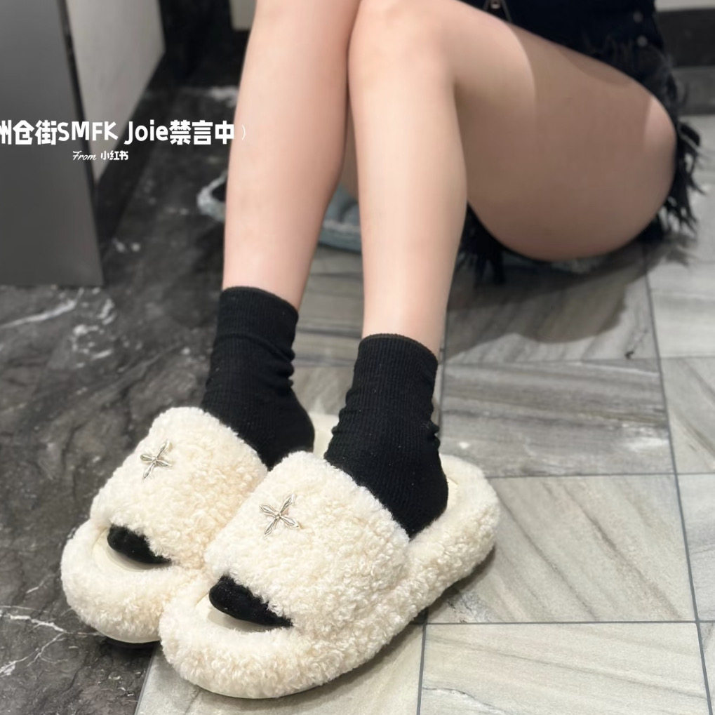秋冬赵露思同款十字毛毛拖鞋法式小香风厚底一字毛绒拖鞋外穿棉拖,淘宝优惠券,粉丝福利购,淘宝优惠卷