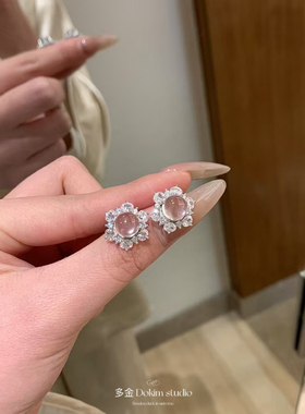 媲美翡翠！S925纯银天然水沫玉超刚蛋面超闪满钻富家千金耳钉首饰