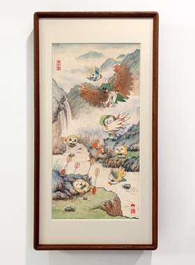 十二秋瞌睡木木枭中国风宝可梦山水画狙射树枭创意装饰画桌面摆件