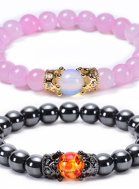 亚马逊热卖 天然粉水晶黑胆石手链 天然石微镶锆石皇冠手串