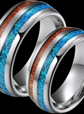跨境爆款不锈钢戒指蓝石纹木纹银丝贴纸滴油欧美热销戒指厂家